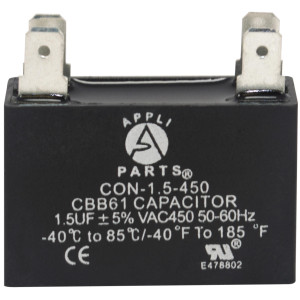 Appli Parts Fan motor Capacitor 1.5 mfd (microfarads) uf 450VAC CBB61 with 4 Terminal connections universal fit for electric fan applications  1-3/8in Width 1/2in Depth 1-1/4in Height CAP-1.5-450 Appli Parts Fan motor Capacitor 1.5 mfd (microfarads) uf 450VAC CBB61 with 4 Terminal connections universal fit for electric fan applications  1-3/8in Width 1/2in Depth 1-1/4in Height CAP-1.5-450