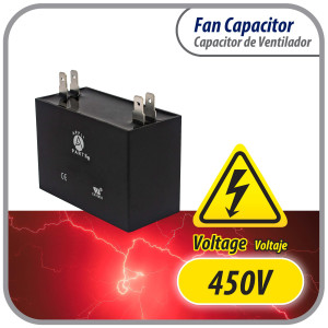 Appli Parts CAP-1.5-450 Fan motor Capacitor 1.5 mfd (microfarads) uf 450VAC CBB61 with 4 Terminal connections universal fit for electric fan applications 1-3/8in Width 1/2in Depth 1-1/4in Height