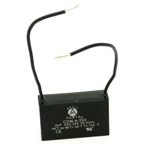 Appli Parts Fan Capacitor 4 mfd (microfarads) uf 250 VAC with 2 Wire Terminal Connections compatible with any brand with same capacitance CAP-4-250-2C  Appli Parts Fan Capacitor 4 mfd (microfarads) uf 250 VAC with 2 Wire Terminal Connections compatible with any brand with same capacitance CAP-4-250-2C