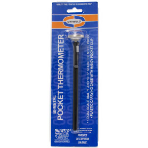 Uniweld 69901 Analog Pocket Thermometer, 1 in Dial, Dual Scale, -40 to 160 F, -40 to 70 C, Stainless Steel Probe, Plastic carrying case with pocket clip Uniweld 69901 Analog Pocket Thermometer, 1 in Dial, Dual Scale, -40 to 160 F, -40 to 70 C, Stainless Steel Probe, Plastic carrying case with pocket clip