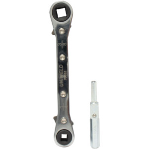 Uniweld 70022 Ratchet Wrench, 1/4 and 3/16 in Square opening, 3/8 and 5/16 in Square opening, with 3/16 and 5/16 in Dual Hex Valve Adapter Uniweld 70022 Ratchet Wrench, 1/4 and 3/16 in Square opening, 3/8 and 5/16 in Square opening, with 3/16 and 5/16 in Dual Hex Valve Adapter