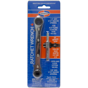 Uniweld 70022 Ratchet Wrench, 1/4 and 3/16 in Square opening, 3/8 and 5/16 in Square opening, with 3/16 and 5/16 in Dual Hex Valve Adapter Uniweld 70022 Ratchet Wrench, 1/4 and 3/16 in Square opening, 3/8 and 5/16 in Square opening, with 3/16 and 5/16 in Dual Hex Valve Adapter