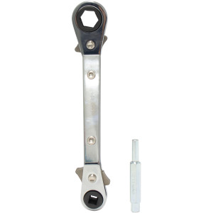 Uniweld 70075 Heavy Duty Offset Ratchet Wrench, 1/2 and 9/16 in Hex opening, 3/16 and 1/4 in Square opening, with 3/16 and 5/16 in Dual Hex Valve Adapter Uniweld 70075 Heavy Duty Offset Ratchet Wrench, 1/2 and 9/16 in Hex opening, 3/16 and 1/4 in Square opening, with 3/16 and 5/16 in Dual Hex Valve Adapter