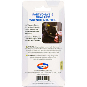 Uniweld DHW316 Dual Hex Wrench Adaptor 3/16 and 5/16 in, 1/4 in Square Socket Uniweld DHW316 Dual Hex Wrench Adaptor 3/16 and 5/16 in, 1/4 in Square Socket