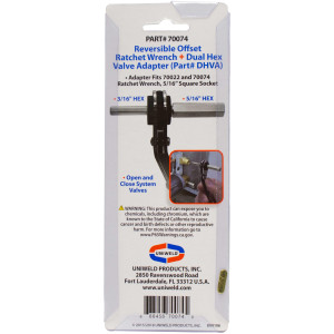 Uniweld 70074 Offset Ratchet Wrench, 1/4 and 3/16 in Square opening, 3/8 and 5/16 in Square opening, with 3/16 and 5/16 in Dual Hex Valve Adapter Uniweld 70074 Offset Ratchet Wrench, 1/4 and 3/16 in Square opening, 3/8 and 5/16 in Square opening, with 3/16 and 5/16 in Dual Hex Valve Adapter