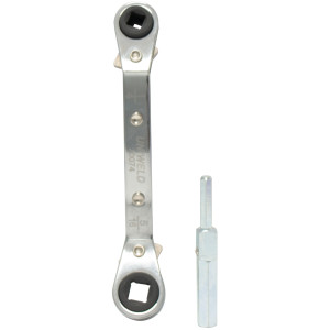Uniweld 70074 Offset Ratchet Wrench, 1/4 and 3/16 in Square opening, 3/8 and 5/16 in Square opening, with 3/16 and 5/16 in Dual Hex Valve Adapter Uniweld 70074 Offset Ratchet Wrench, 1/4 and 3/16 in Square opening, 3/8 and 5/16 in Square opening, with 3/16 and 5/16 in Dual Hex Valve Adapter