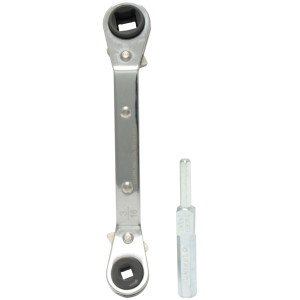 Uniweld 70074 Offset Ratchet Wrench, 1/4 and 3/16 in Square opening, 3/8 and 5/16 in Square opening, with 3/16 and 5/16 in Dual Hex Valve Adapter Uniweld 70074 Offset Ratchet Wrench, 1/4 and 3/16 in Square opening, 3/8 and 5/16 in Square opening, with 3/16 and 5/16 in Dual Hex Valve Adapter