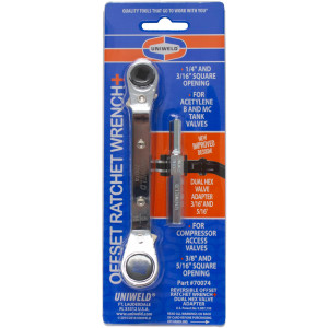Uniweld 70074 Offset Ratchet Wrench, 1/4 and 3/16 in Square opening, 3/8 and 5/16 in Square opening, with 3/16 and 5/16 in Dual Hex Valve Adapter Uniweld 70074 Offset Ratchet Wrench, 1/4 and 3/16 in Square opening, 3/8 and 5/16 in Square opening, with 3/16 and 5/16 in Dual Hex Valve Adapter