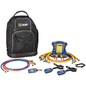 TITANMAX 40887 Deluxe Digital Manifold with Wireless Sensors Kit: TITANMAX Manifold, YJACK VAC Vacuum Gauge, YJACK Temperature Clamps (2), USB-C Cord, Set of (6) PLUS II Hoses: (3) 60 in 1/4 in RYB