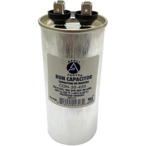 Appli Parts Run Capacitor for ac 50 Mfd uF (microfarads) 370 VAC or 450 VAC CBB65 Round Universal fit for hvac and other applications 4-3/4 in High 2 in Wide CON-50-450 Appli Parts Run Capacitor for ac 50 Mfd uF (microfarads) 370 VAC or 450 VAC CBB65 Round Universal fit for hvac and other applications 4-3/4 in High 2 in Wide CON-50-450