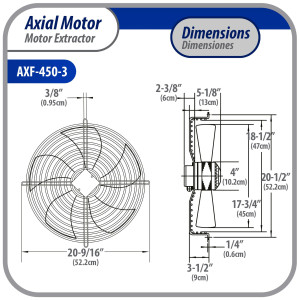 Appli Parts AXF-450-4 17-3/4 in Axial Fan Motor Guard Mounted Fan Blade 220-440 V, 3Ph 50-60Hz 300W, 1600rpm, Universal replacement for Cold Room Evaporators, Condensing Units, Work Temp -22F to 140F