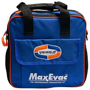 Uniweld MaxEvac Pro Kit MEPK14 includes 72 in 1/2 MaxEvac hose with 3/8 straight x 1/4 straight connections, valve core tool assembly side port, Y adapter 3/8FF x 3/8MF, hose bracket and storage bag
