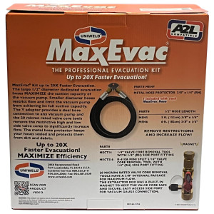 Uniweld MaxEvac Pro Kit MEPK14 includes 72 in 1/2 MaxEvac hose with 3/8 straight x 1/4 straight connections, valve core tool assembly side port, Y adapter 3/8FF x 3/8MF, hose bracket and storage bag