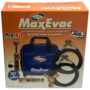 Uniweld MaxEvac Pro Kit MEPK14 includes 72 in 1/2 MaxEvac hose with 3/8 straight x 1/4 straight connections, valve core tool assembly side port, Y adapter 3/8FF x 3/8MF, hose bracket and storage bag