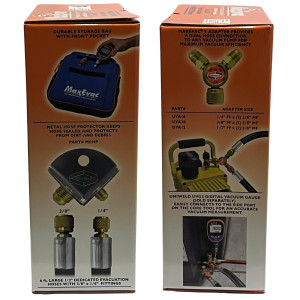 Uniweld MaxEvac Pro Kit MEPK14 includes 72 in 1/2 MaxEvac hose with 3/8 straight x 1/4 straight connections, valve core tool assembly side port, Y adapter 3/8FF x 3/8MF, hose bracket and storage bag