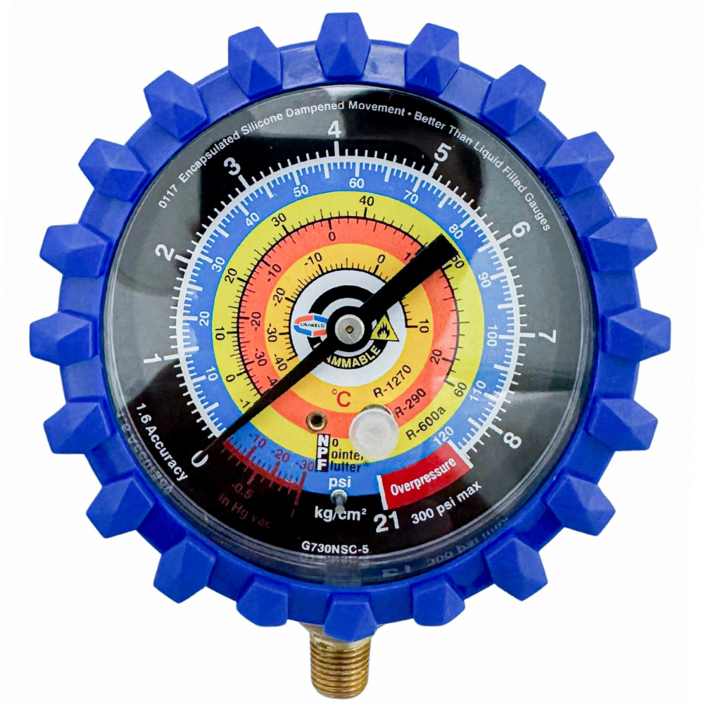 Uniweld G730NSD-5 Manifold Gauge Blue, Low R-600a,R-290,R-1270, 3-1/8 in Uniweld G730NSD-5 Manifold Gauge Blue, Low R-600a,R-290,R-1270, 3-1/8 in