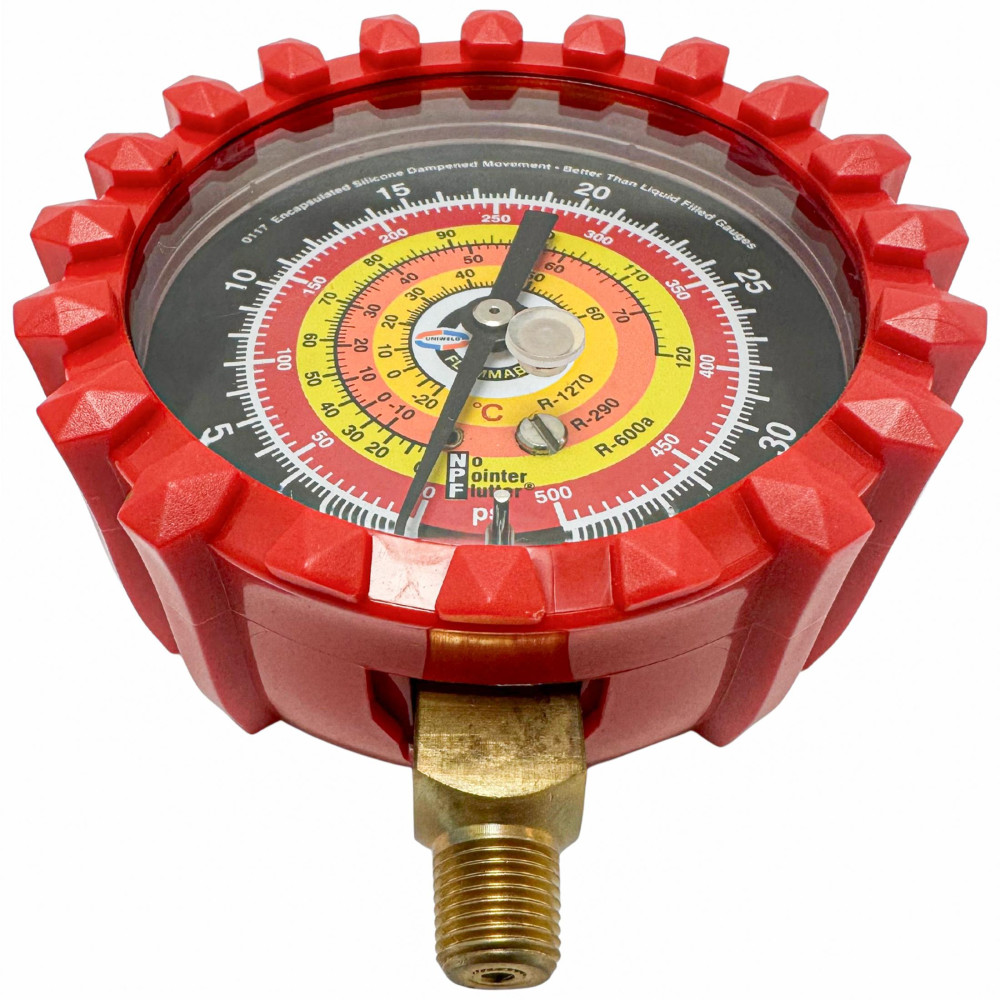 Uniweld G729NSD-5 Manifold Gauge Red, High R-600a,R-290,R-1270, 3-1/8 in Uniweld G729NSD-5 Manifold Gauge Red, High R-600a,R-290,R-1270, 3-1/8 in