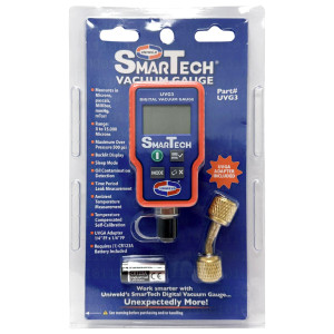 Uniweld UVG3 Smartech Digital Vacuum Gauge, Backlit Display. 0-15000 Micron Range
Max Over pressure 500psi, UVGA adapter Included
Requires 1 CR132AA Battery (included)