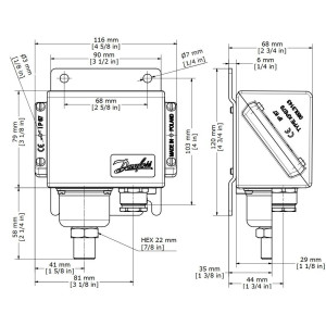 Danfoss 060-310466 Pressure Switch KPS33 Regulation range Pe 0 - 3.5 bar, Differential 0.2 bar, Reset function: Auto, Pressure connection type G, Pressure connection size 1/4, MWP 10 bar