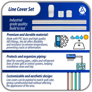 Appli Parts APLC-SET75 Line Cover Set 3 in x 7.5 ft for Mini Split HVAC 7000 to 24000 BTU Includes 2 Straight Ducts, Coupling, Wall Cap, End Cap and Installation Screws