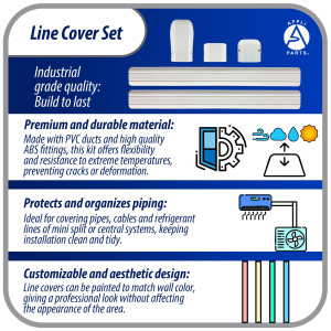 Appli Parts APLC-SET110 Line Cover Set 4 in x 7.5 ft for Mini Split HVAC 7000 to 36000 BTU Includes 2 Straight Ducts, Coupling, Wall Cap, End Cap and Installation Screws