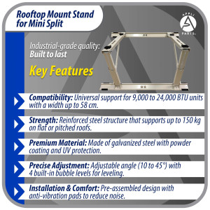 Appli Parts APAB-4335 Rooftop Mount Stand for Mini Split 9000 to 24000 BTU Supports 335 lb Adjustable 10 to 45 Degrees Includes Anti Vibration Pads and Full Installation Kit