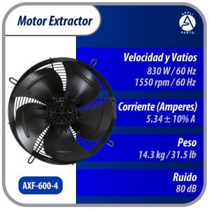 Appli Parts AXF-600-4 23-5/8 in Axial Fan Motor Guard Mounted Fan Blade 220-440 V, 3 Ph, 50-60 Hz, 830 W, 1550 rpm, Work Temp -22 F to 140 F