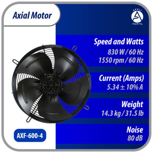 Appli Parts AXF-600-4 23-5/8 in Axial Fan Motor Guard Mounted Fan Blade 220-440 V, 3 Ph, 50-60 Hz, 830 W, 1550 rpm, Work Temp -22 F to 140 F