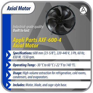 Appli Parts AXF-600-4 23-5/8 in Axial Fan Motor Guard Mounted Fan Blade 220-440 V, 3 Ph, 50-60 Hz, 830 W, 1550 rpm, Work Temp -22 F to 140 F