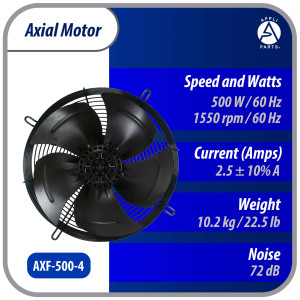 Appli Parts AXF-500-4 19-3/4 in Axial Fan Motor Guard Mounted Fan Blade 220-440 V, 3 Ph, 50-60 Hz, 500 W, 1550 rpm, Work Temp -22 F to 140 F