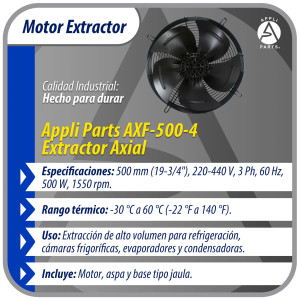 Appli Parts AXF-500-4 19-3/4 in Axial Fan Motor Guard Mounted Fan Blade 220-440 V, 3 Ph, 50-60 Hz, 500 W, 1550 rpm, Work Temp -22 F to 140 F