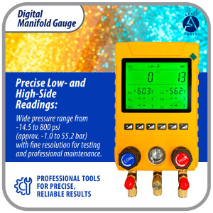 Appli Parts APMG-D100B Digital Manifold Gauge Set for HVAC/R Includes Hoses, Temperature Clamps and Carrying Case -14.5 to 800 psi 88 Refrigerants Superheat and Subcooling Calculation