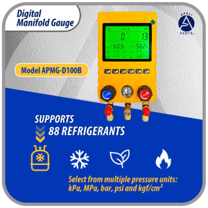 Appli Parts APMG-D100B Digital Manifold Gauge Set for HVAC/R Includes Hoses, Temperature Clamps and Carrying Case -14.5 to 800 psi 88 Refrigerants Superheat and Subcooling Calculation