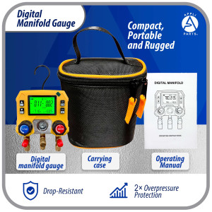 Appli Parts APMG-D10 Digital Manifold Gauge Set for HVAC/R AC and Refrigeration -14.5 to 800 psi 88 Refrigerants Multiple Pressure Units kPa MPa bar psi kg/cm2