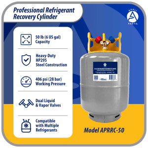 Appli Parts APRRC-50 Refrigerant Recovery Cylinder 50 lb, 6 US gal, 406 psi Working Pressure, HP295 Steel, Dual Liquid/Vapor Valves, Compatible with R12 R22 R134a R410A R407C and more, HVAC use