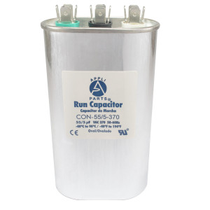 Appli Parts CON-55/5-370 Dual Run Capacitor for ac 55+5 Mfd uF (microfarads) 370VAC CBB65 Oval Universal fit for hvac and other applications 2-3/4in Wide 1-3/4in Depth 5-1/4in High