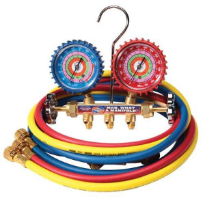 Manifold 2-Valve Brass With 5ft Soft Magic Barrier Hose Set Qs4l5h (Psi/F) Compatible with R410A, R22, R404A, Uniweld Qs4l5h