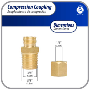 Appli Parts APWF-100BC 1/4 in Brass Compression Fitting reduction coupling for in line water filter with Male 3/8 in NPT connection for Copper or PVC tubing