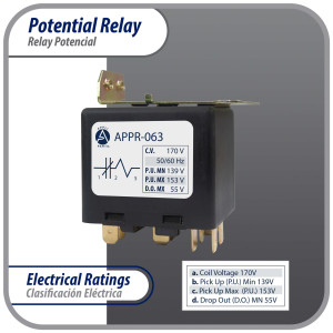 Appli Parts APPR-063 Potential Relay 063, Coil Voltage 170 V, Min Pick up 139 V, Max Pick up 153 V, Max Drop Out 55 V, 50/60 Hz Universal replacement for HVAC and Refrigeration units