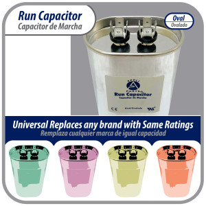 Appli Parts Run Capacitor for ac 7.5 Mfd uF (microfarads) 370 VAC or 450 VAC CBB65 Oval Universal fit for hvac and other applications 2-3/4in H 1-3/8in W 2-1/8in L CON-7.5-450-O
