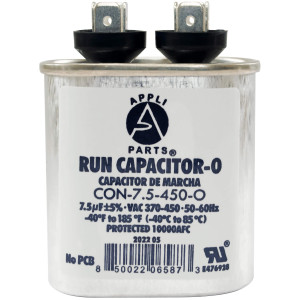 Appli Parts Run Capacitor for ac 7.5 Mfd uF (microfarads) 370 VAC or 450 VAC CBB65 Oval Universal fit for hvac and other applications 2-3/4in H 1-3/8in W 2-1/8in L CON-7.5-450-O