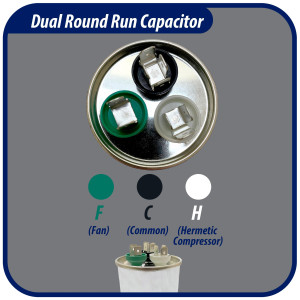 Appli Parts Dual Run Capacitor for ac 40+5 Mfd uF (microfarads) 370 VAC or 450 VAC CBB65 Round Universal fit for hvac and other applications 4-3/4 in High 2 in Wide CON-40/5-450
