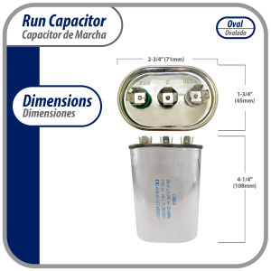 Appli Parts Dual Run Capacitor for ac 20+5 Mfd uF (microfarads) 370VAC CBB65 Oval Universal fit for hvac and other applications  2-3/4 in Wide 1-3/4 in Depth 4-1/4 in Height CON-20/5-370