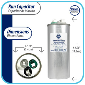 Appli Parts Dual Run Capacitor for ac 50+10 Mfd uF (microfarads) 370VAC or 450VAC CBB65 Round Universal fit for hvac and other applications 5-5/8 in High 2-1/8 in Wide CON-50/10-450