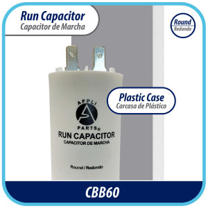 Appli Parts Run Capacitor for electric motors 60 Mfd uF (microfarads) 250VAC Plastic Case with terminals CBB60 Round Universal fit water pumps and others 4-1/4 in High 2 in Wide CON-60-250-P