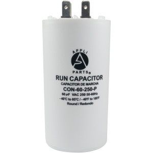 Appli Parts Run Capacitor for electric motors 60 Mfd uF (microfarads) 250VAC Plastic Case with terminals CBB60 Round Universal fit water pumps and others 4-1/4 in High 2 in Wide CON-60-250-P