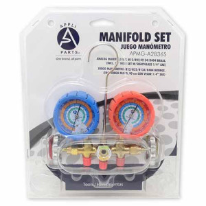 Appli Parts Analog Manifold Set Compatible with R12, R22, R134a, R404A, Brass Includes 36in Hose Set With Sightglass 1/4in sae Apmg-A2b36s Ref. Ct-536g