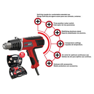 Promaker 1500W Heat Gun PRO-PC1500KIT
Voltage - Frequency: 120V - 60Hz
Amperage: 13.0AMP
Power: 1500W
Number of temperatures: 2
Temperature: 482 - 842 F
Cord: 6.5ft