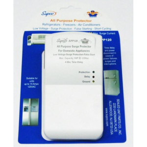 Supco APP120 Surge Protector for Refrigerator, Washing Machine, Dryer and Air conditioner
115v/60hz 448Joules APP120
Min Voltage 90 VAC
Max 1 HP 
Time Delay 4 mi +/- 1 min