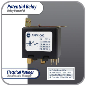 Appli Parts APPR-062 Potential Relay 062, Coil Voltage 395 V, Min Pick up 180 V, Max Pick up 195 V, Max Drop Out 100 V, 50/60 Hz Universal replacement for HVAC and Refrigeration units